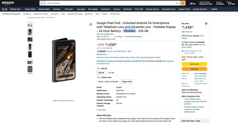 Лучшая цена: Google Pixel Fold доступен на Amazon со скидкой 361 доллар