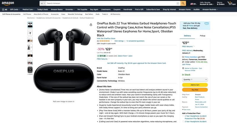 OnePlus Buds Z2 с поддержкой ANC, Bluetooth 5.2 и Dolby Atmos доступны на Amazon за 69 долларов (скидка 30 долларов)