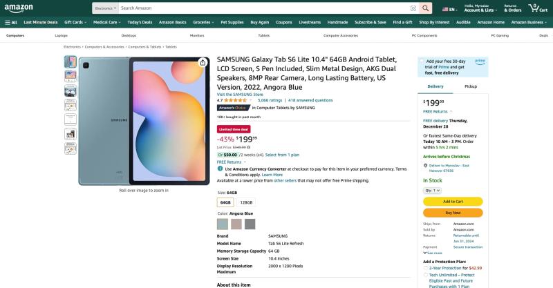 Отличное предложение! Samsung Galaxy Tab S6 Lite доступен на Amazon со скидкой до 210 долларов