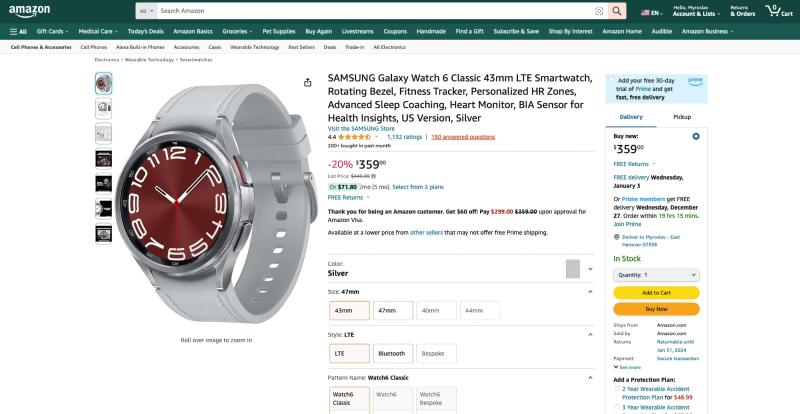 Samsung Galaxy Watch 6 Classic 43 мм LTE доступны на Amazon со скидкой 90 долларов