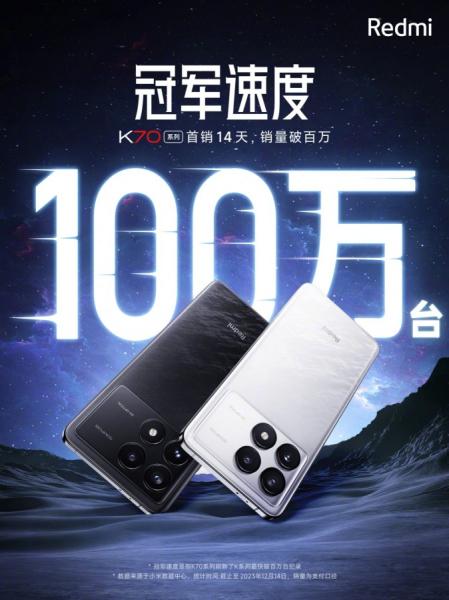 Xiaomi продала 1 миллион смартфонов Redmi K70 за две недели, установив новый рекорд серии