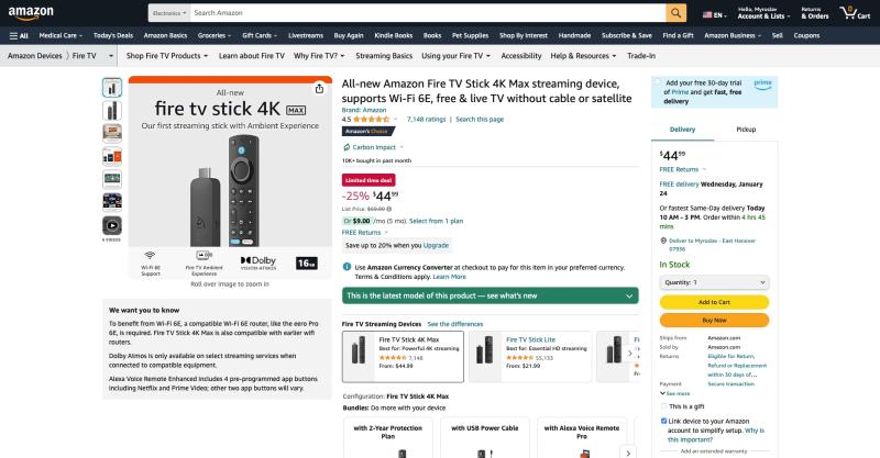 Amazon продает Fire TV Stick 4K Max с Wi-Fi 6E за 44,99 доллара (скидка -25