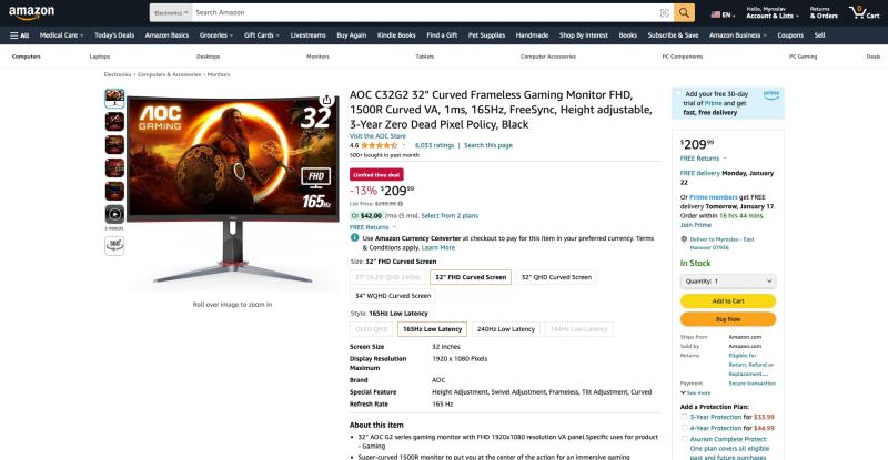 AOC C32G2 на Amazon: 32-дюймовый изогнутый монитор с частотой 165 Гц продается со скидкой 30 долларов