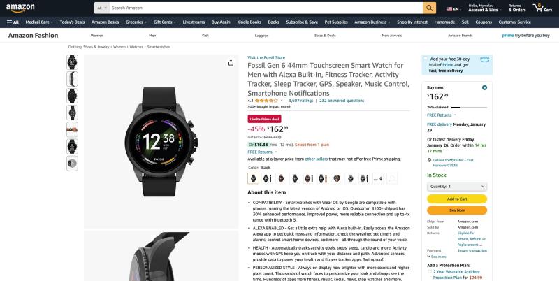 Скидка 136 долларов на Fossil Gen 6: чип Snapdragon Wear 4100+, датчик SpO2, NFC на Amazon