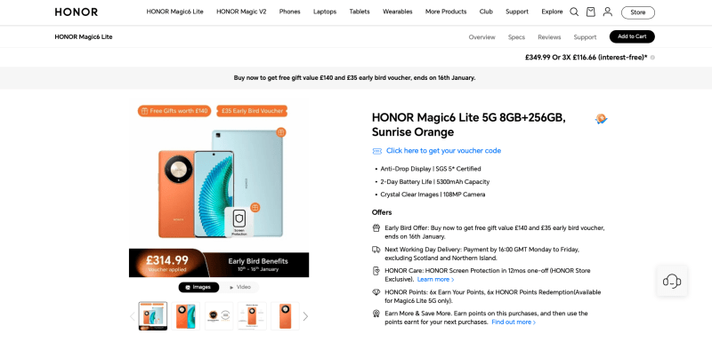 Honor Magic 6 Lite с экраном 120 Гц, чипом Snapdragon 6 Gen 1 и камерой на 108 Мп дебютировал в Европе
