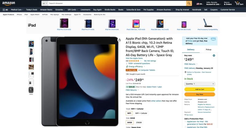 Amazon продает iPad 9-го поколения со скидкой до 80 долларов