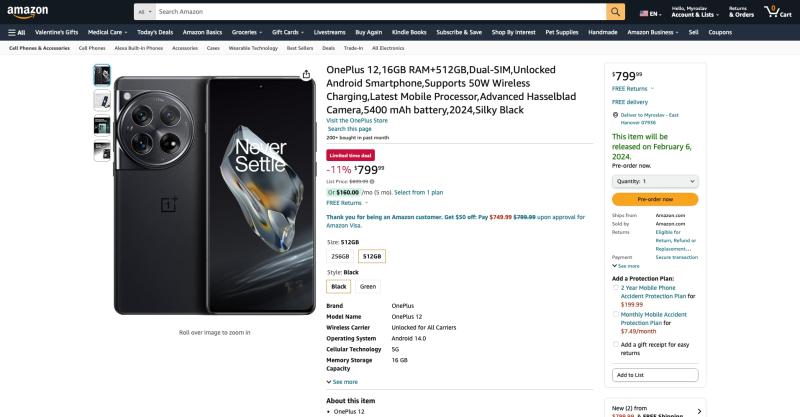 OnePlus 12 с объемом памяти 512 ГБ доступен для предварительного заказа со скидкой 100 долларов на Amazon