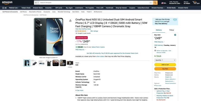 OnePlus Nord N30 5G на Amazon: смартфон с экраном 120 Гц, чипом Snapdragon 695 и камерой на 108 МП со скидкой 50 долларов