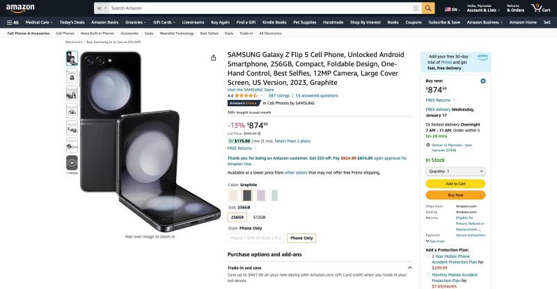 Сегодняшнее предложение: Samsung Galaxy Flip 5 со скидкой 175 долларов на Amazon