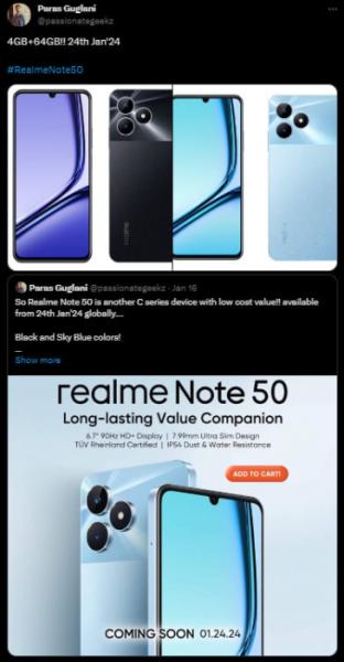 Раскрыты подробности о Realme Note 50 и дата его презентации — 24 января. Ребрендинг Realme C51?