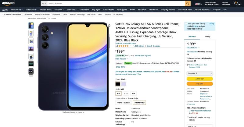 Samsung Galaxy A15 5G на Amazon: смартфон с AMOLED-дисплеем с частотой 90 Гц и чипом Dimensity 6100+ со скидкой 25 долларов