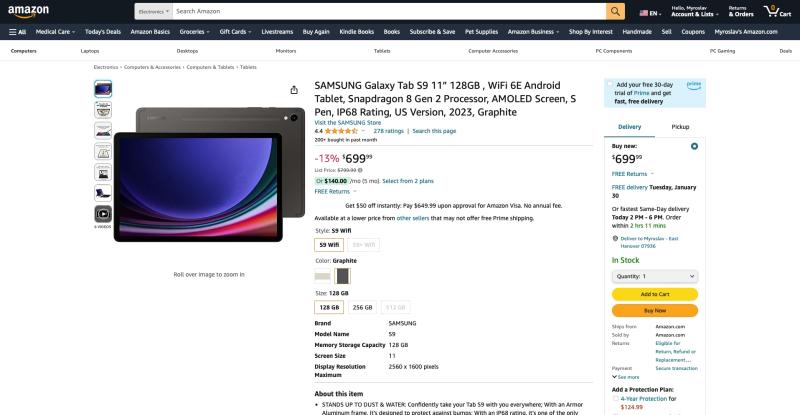 Скидка до 120 долларов на Samsung Galaxy Tab S9 на Amazon