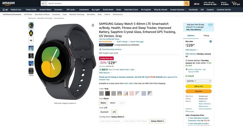 Samsung Galaxy Watch 5 с LTE доступны на Amazon со скидкой 100 долларов