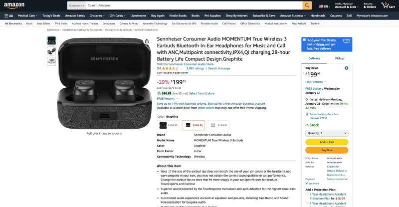 Sennheiser MOMENTUM True Wireless 3 с ANC со скидкой 80 долларов на Amazon