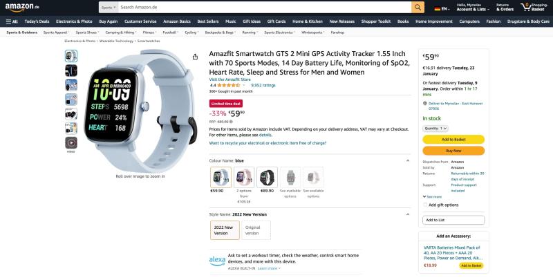 скидка 30 евро: Amazfit GTS 2 Mini с экраном AMOLED и датчиком SpO2 доступны на Amazon за 59,90 евро