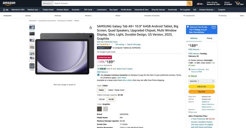 11-дюймовый планшет Samsung Galaxy Tab A9+ доступен на Amazon менее чем за 200 долларов