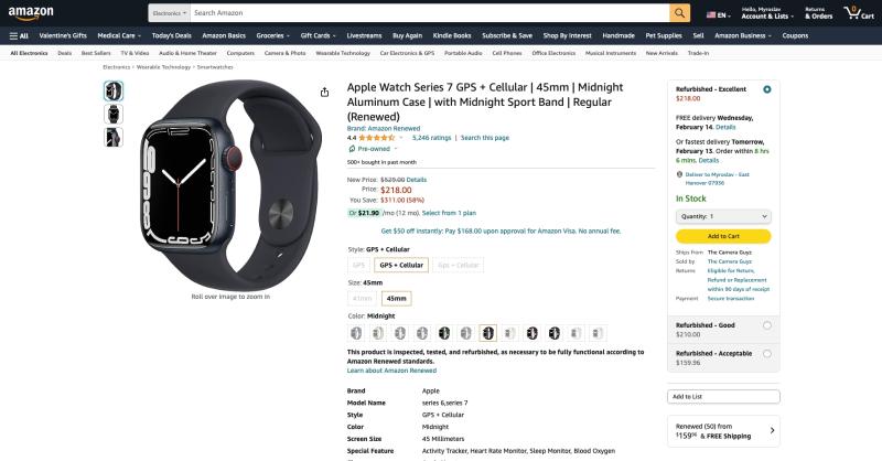 Apple Watch Series 7 (GPS + сотовая связь), 45 мм, доступны на Amazon за 218 долларов (скидка 311 долларов