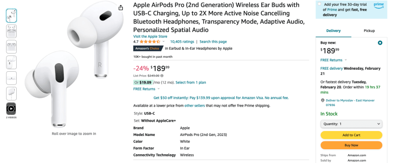 Самая низкая цена: AirPods Pro 2 доступен на Amazon за 189 долларов (скидка 60 долларов