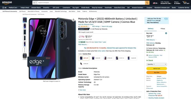 Motorola Edge+ (2022 г.) с чипом Snapdragon 8 Gen 1, 512 ГБ ОЗУ и экраном 144 Гц доступен на Amazon со скидкой 82 доллара