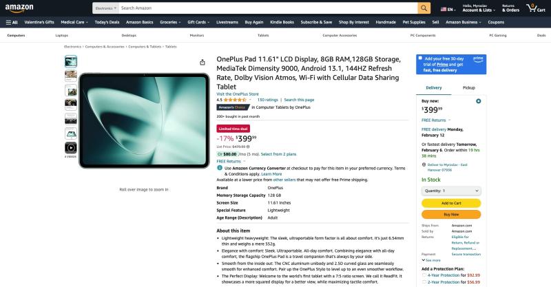 OnePlus Pad с дисплеем 144 Гц и чипом Dimensity 9000 доступен на Amazon со скидкой 80 долларов