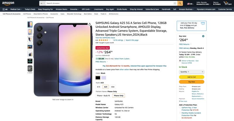 Сегодняшняя распродажа: сэкономьте 35 долларов на Samsung Galaxy A25 5G на Amazon