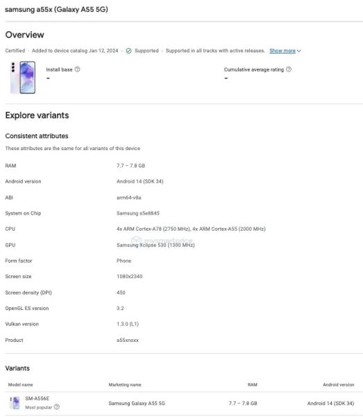 Samsung Galaxy A55 появится на консоли Google Play с процессором Exynos 1480 и дизайном в стиле Galaxy S24