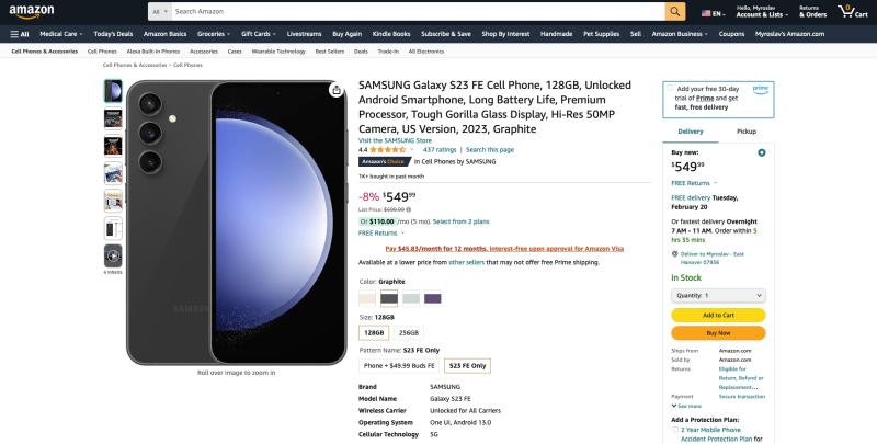 Samsung Galaxy S23 FE на Amazon: скидка 50 долларов на смартфон с экраном 120 Гц, чипом Snapdragon 8 Gen 1 и защитой IP67