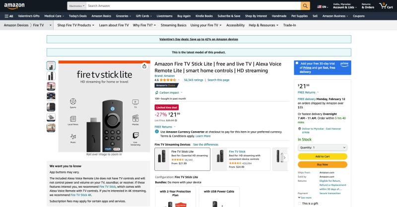 Скидка 27%: Fire TV Stick Lite доступен по рекламной цене на Amazon