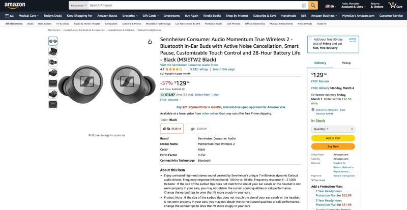 Скидка 57%: Sennheiser Momentum True Wireless 2 доступен по рекламной цене на Amazon