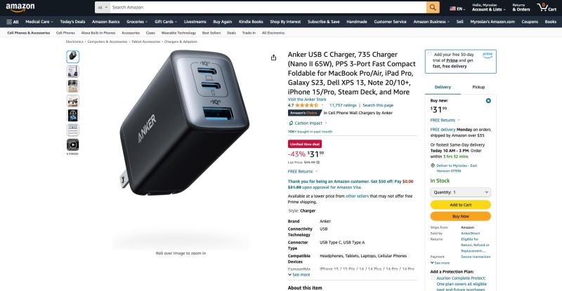 Зарядное устройство Anker 735 Nano II с 3 портами и мощностью 65 Вт доступно на Amazon за 31,99 доллара США (скидка 43