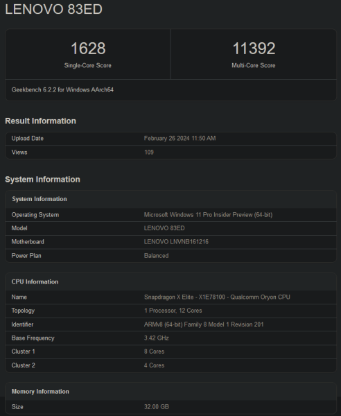 Ноутбуки Lenovo с процессорами Snapdragon X Elite теперь на Geekbench