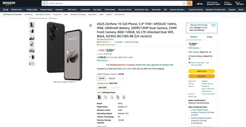 Сегодняшняя распродажа: скидка 100 долларов на ASUS Zenfone 10 на Amazon