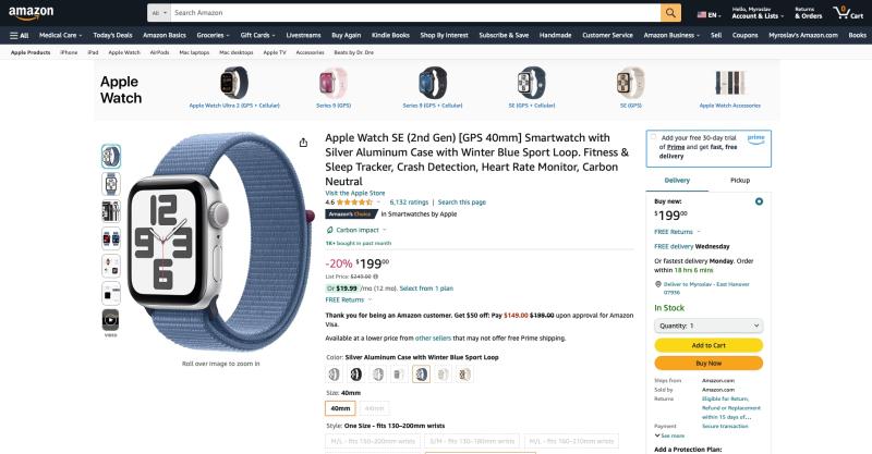 Скидка 50 долларов: Apple Watch SE (2-го поколения) доступны по рекламной цене на Amazon