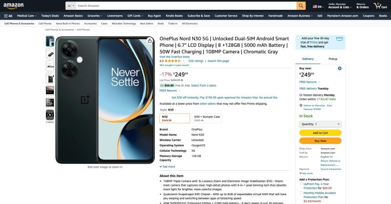 Скидка 50 долларов: OnePlus Nord N30 5G доступен по сниженной цене на Amazon