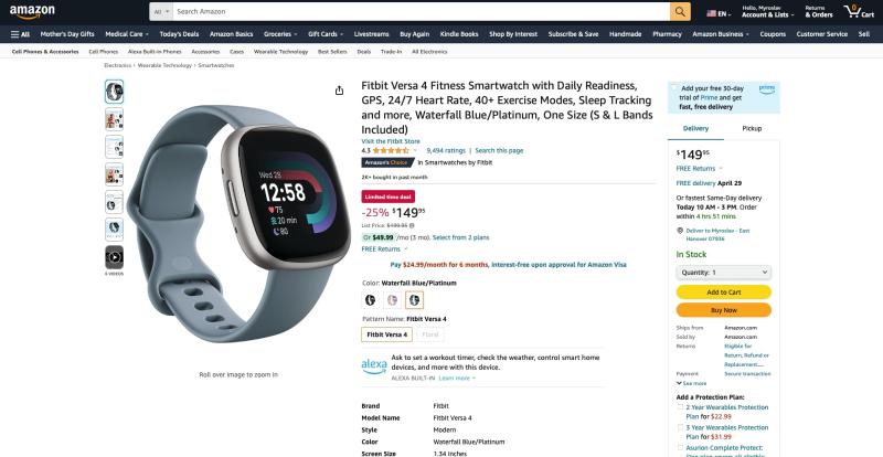 Fitbit Versa 4 c NFC, GPS та додатками Google можна купити на Amazon зі знижкою $50