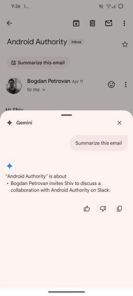Gmail для Android теперь предлагает функцию создания резюме писем, используя Gemini AI