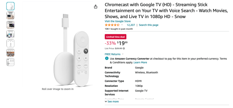 Limited time deal: Chromecast with Google TV (HD) на Amazon со скидкой 33%