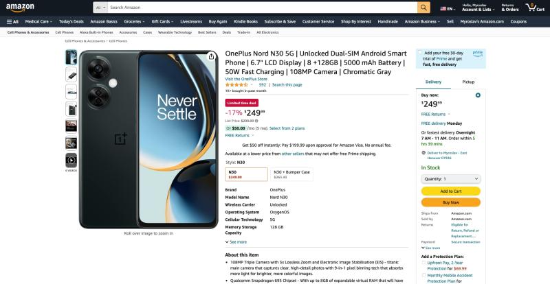 Ограниченная по времени распродажа: скидка 50 долларов на OnePlus Nord N30 5G на Amazon