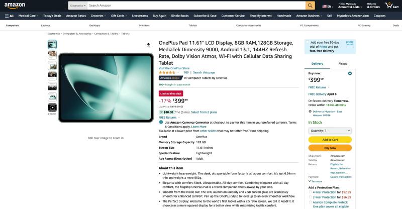 Ограниченная по времени распродажа: OnePlus Pad с экраном 144 Гц и зарядкой 67 Вт доступен на Amazon со скидкой 80 долларов