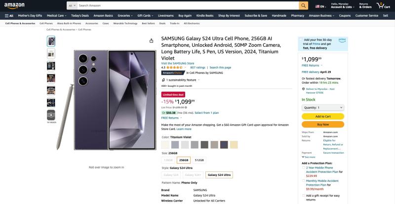 Limited time deal: Samsung Galaxy S24 Ultra на Amazon зі знижкою $200