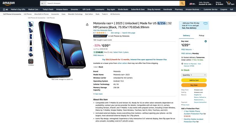 Лучшая цена: складной смартфон Motorola Razr+ (2023) на Amazon со скидкой $300