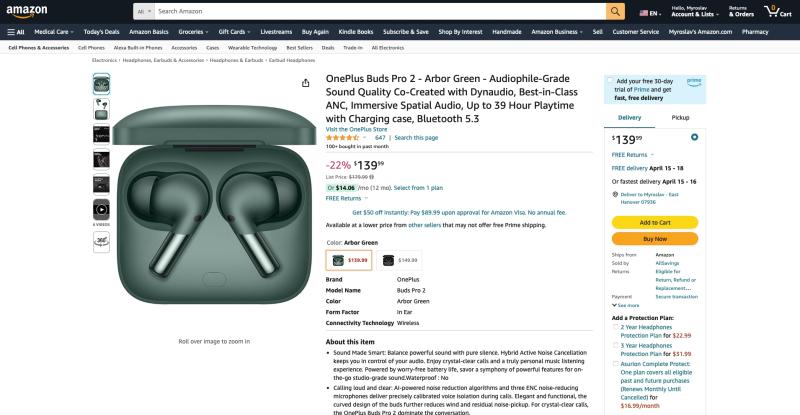 OnePlus Buds Pro 2 в цвете Arbor Green со скидкой 40 долларов на Amazon
