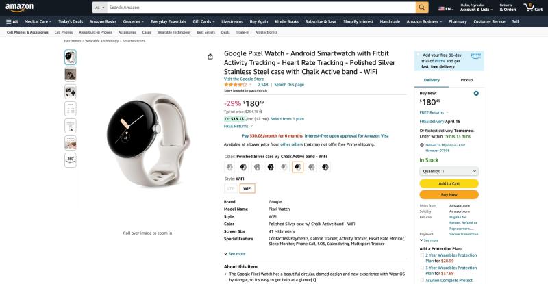 Google Pixel Watch с оригинальным Wi-Fi доступны на Amazon со скидкой 74 доллара