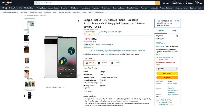 Предложение дня: Google Pixel 6a на Amazon дешевле $300 (скидка 16%)