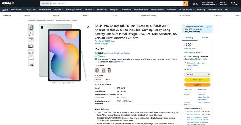 Samsung Galaxy Tab S6 Lite (2024) с экраном 10,4 дюйма и чипом Exynos 1280 уже доступен для покупки на Amazon