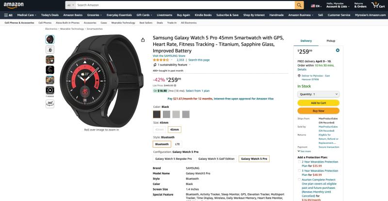 samsung Galaxy Watch 5 Pro с титановым корпусом диаметром 45 мм и сапфировым стеклом доступны на Amazon со скидками до 192 долларов