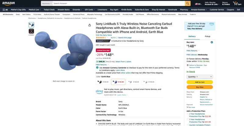Sony LinkBuds S с ANC и в цвете Earth Blue можно купить на Amazon за $148 (скидка $51)