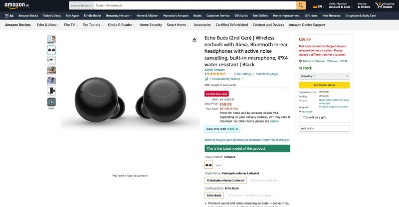 Echo Buds 2 с голосовым ассистентом Alexa, ANC и автономностью до 15 часов можно купить на Amazon со скидкой €61