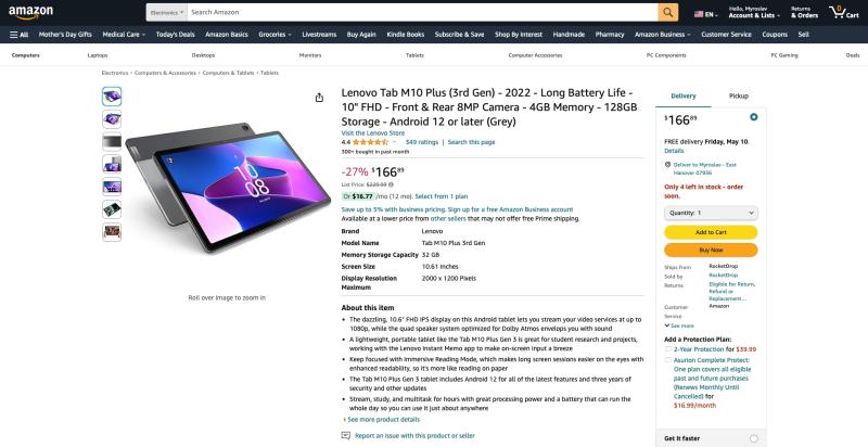 Lenovo Tab M10 Plus (3rd Gen) с дисплеем на 10.6", чипом MediaTek Helio G80 и 128 ГБ памяти можно купить на Amazon со скидкой $63