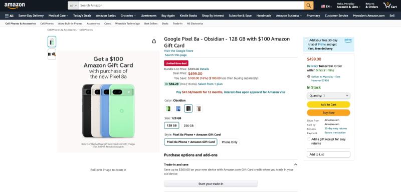 Limited time deal: Amazon дарит сертификат на $100 при покупке Google Pixel 8a